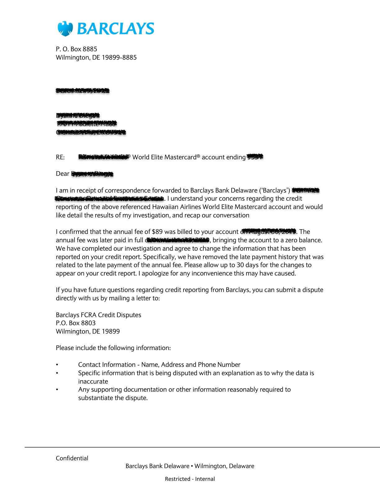 Barclays late fee deletion letter preview