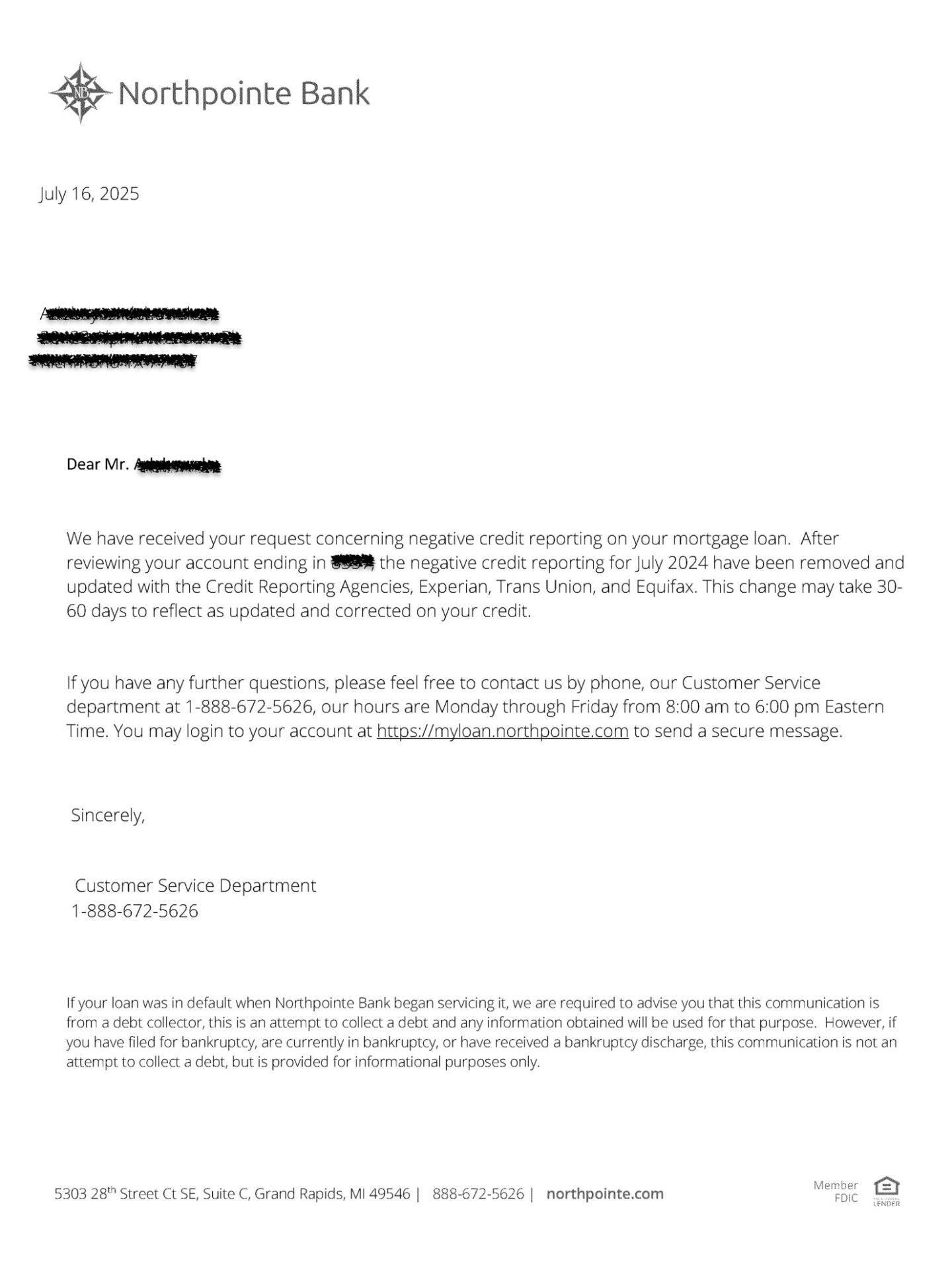 Northpoint credit correction letter preview
