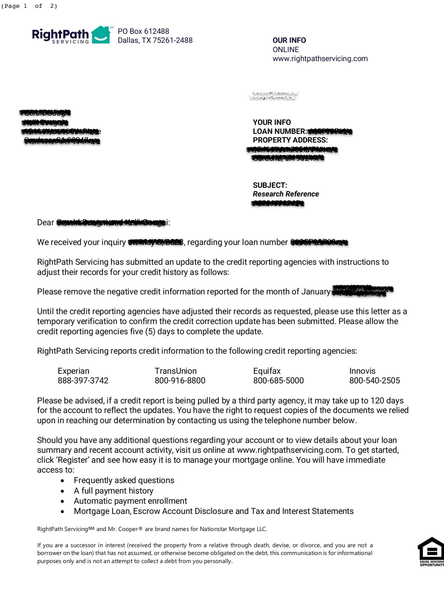 RightPath Servicing mortgage deletion letter preview