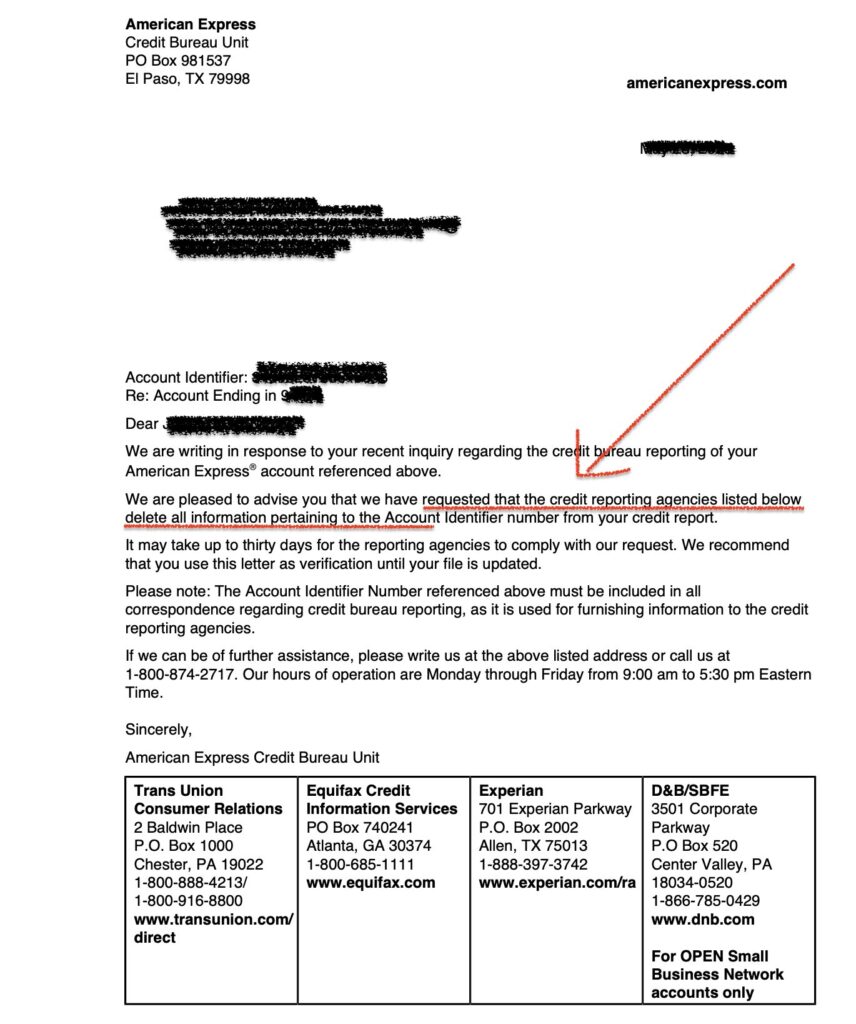 American Express Deletion through our Pay for delete Process